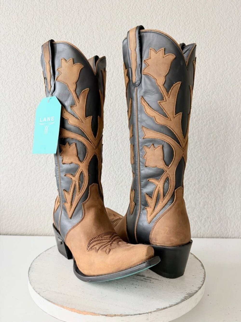 Lane JOLENE Cowboy Boots Black Brown Leather Womens 8 Western Tall Snip Toe